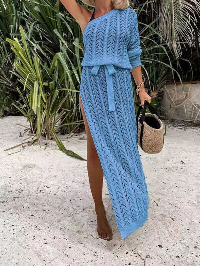 Slit Openwork Single Shoulder Knit Dress |1mrk.com