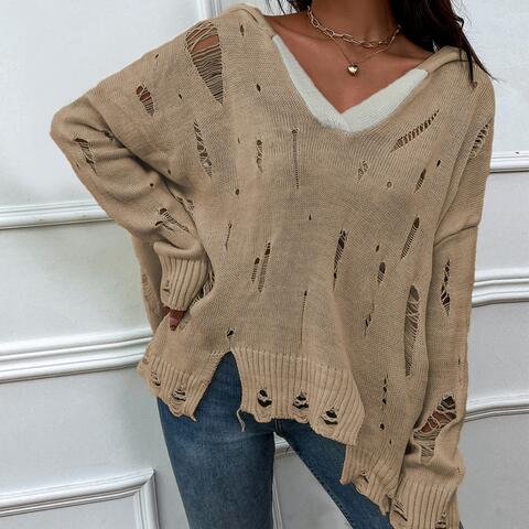 Distressed Slit Drop Shoulder Hooded Sweater |1mrk.com