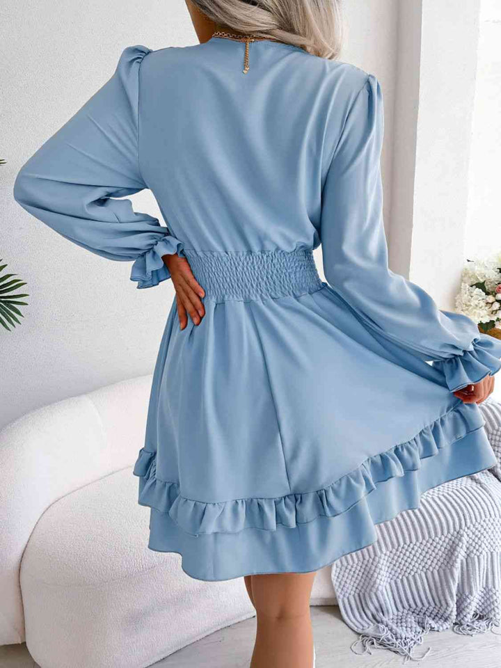 Tie Front Smocked Waist Flounce Sleeve Dress |1mrk.com