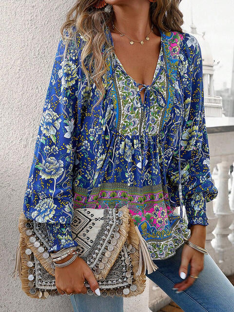 Bohemian Tie Neck Lantern Sleeve Blouse | 1mrk.com