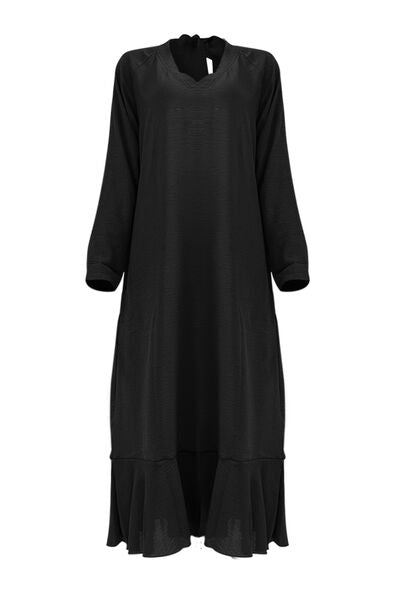 V-Neck Tie Back Ruffle Hem Midi Dress |1mrk.com