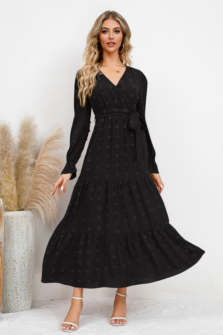 Swiss Dot Tied Surplice Flounce Sleeve Dress | Trendsi