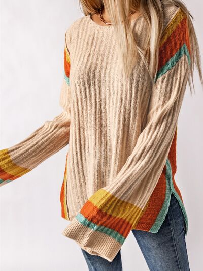 Striped Round Neck Long Sleeve Sweater | Trendsi