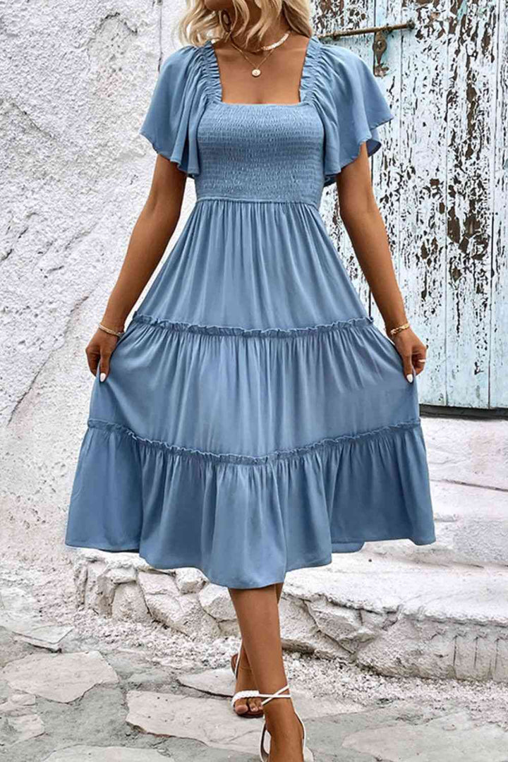 Smocked Square Neck Frill Trim Dress | 1mrk.com