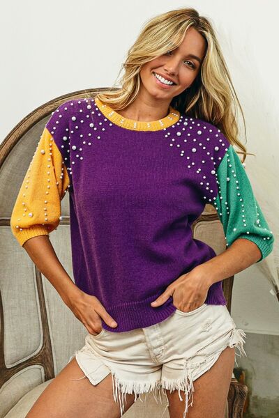 BiBi Color Block Pearl Detail Round Neck Sweater |1mrk.com