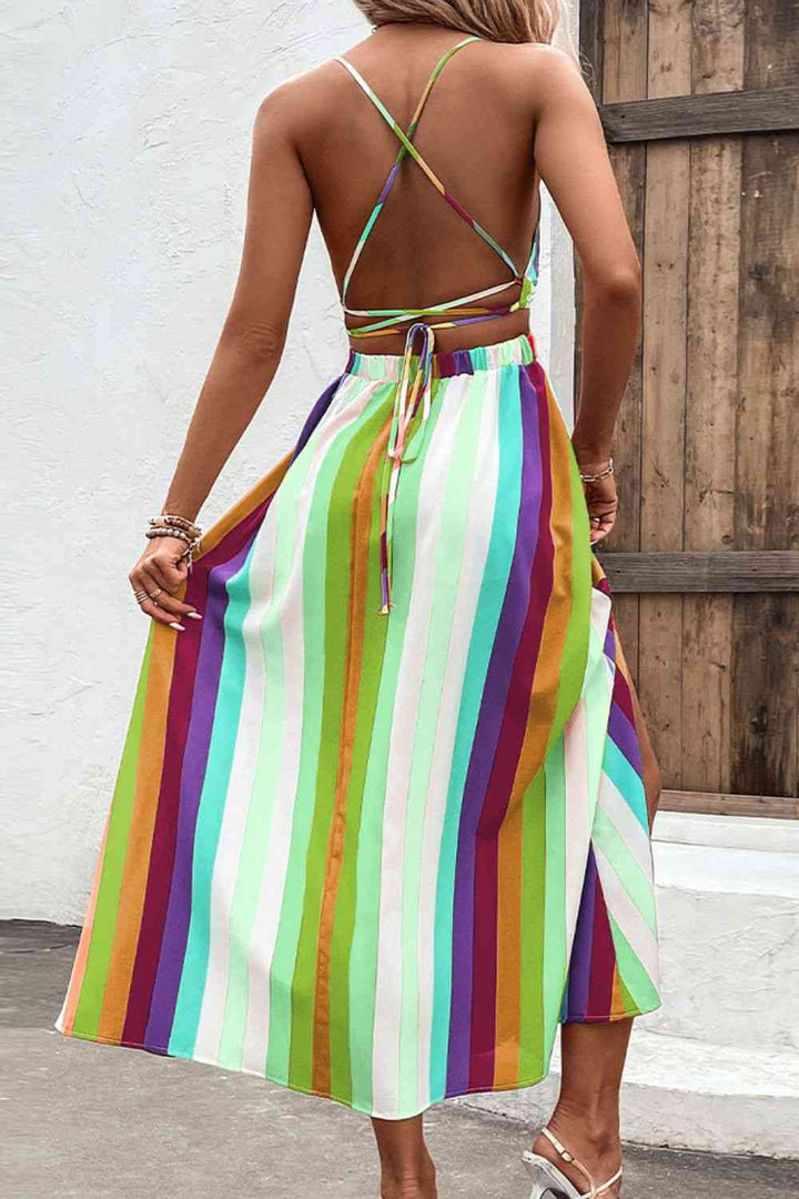 Multicolored Stripe Crisscross Backless Dress |1mrk.com