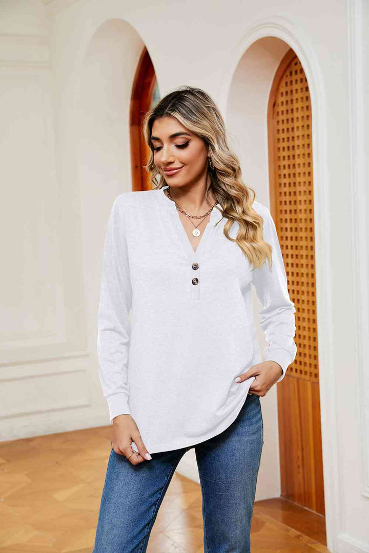 Buttoned Notched Neck Long Sleeve Top | 1mrk.com