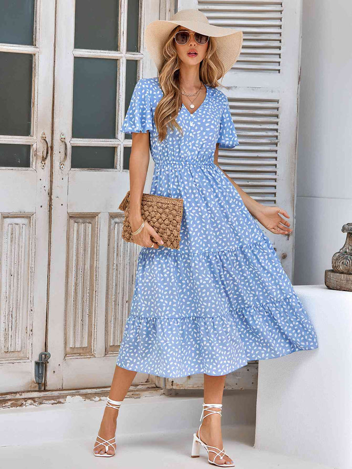 Printed Flutter Sleeve Tiered Dress |1mrk.com