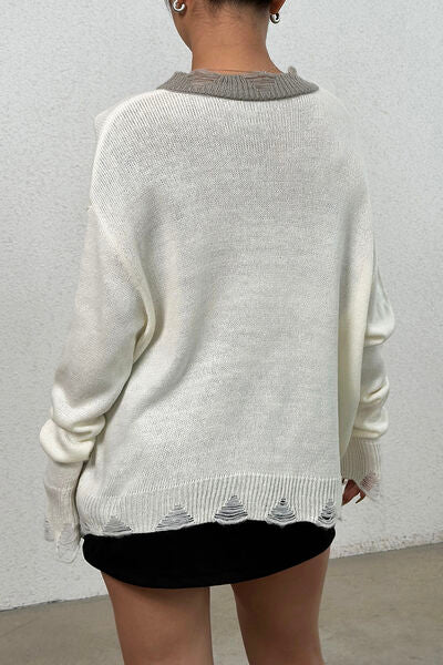 Distressed V-Neck Dropped Shoulder Sweater |1mrk.com