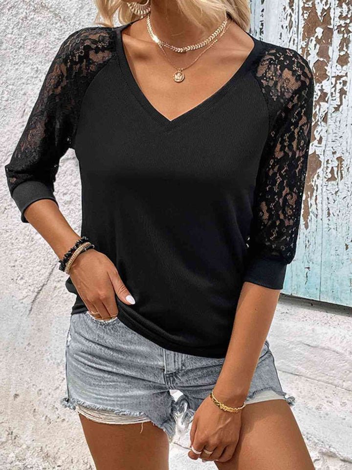 Double Take V-Neck Spliced Lace Raglan Sleeve Top | 1mrk.com