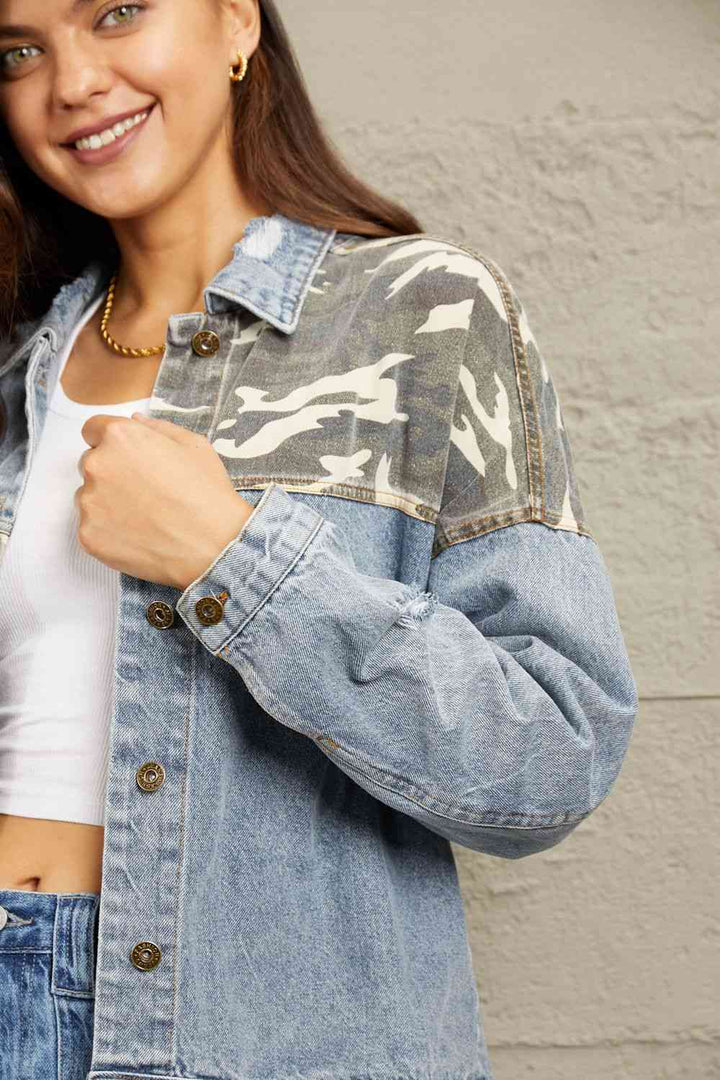 GeeGee Full Size Washed Denim Camo Contrast Jacket | 1mrk.com