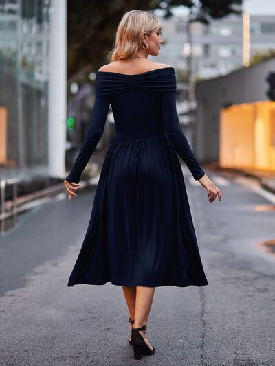 Ruched Off-Shoulder Midi Dress |1mrk.com