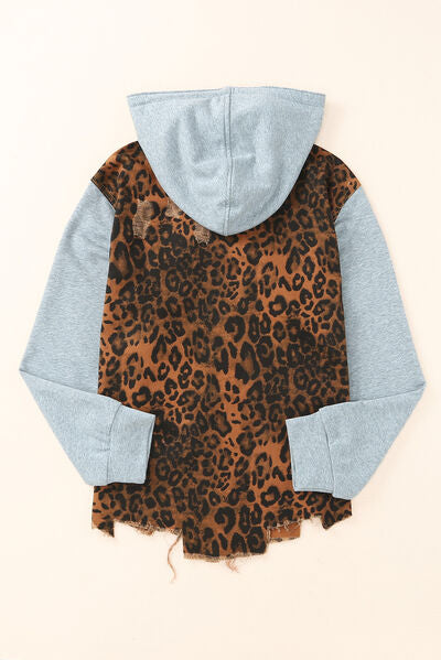 Leopard Distressed Drawstring Hooded Denim Jacket |1mrk.com