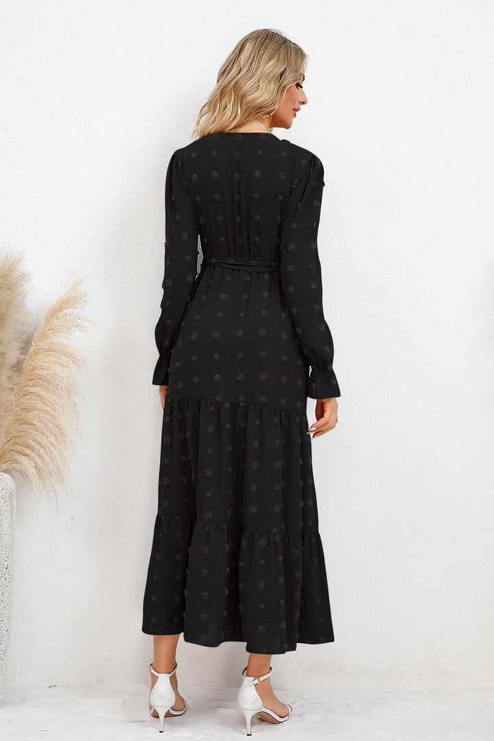 Swiss Dot Tied Surplice Flounce Sleeve Dress | Trendsi