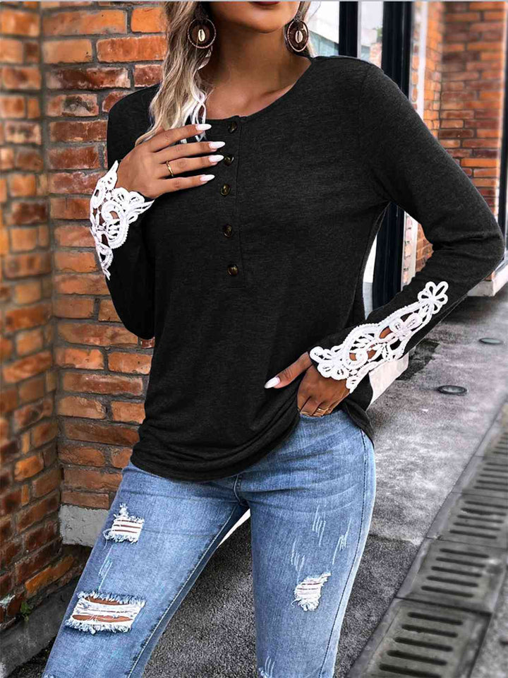 Half Button Lace Detail T-Shirt | 1mrk.com