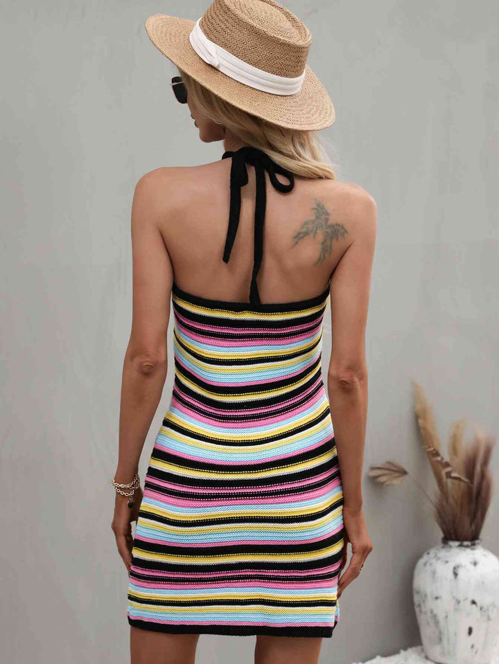 Striped Halter Neck Mini Sweater Dress |1mrk.com