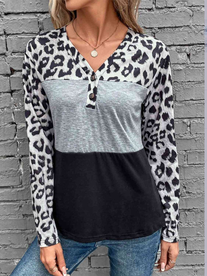 Leopard Color Block Long Sleeve Top |1mrk.com