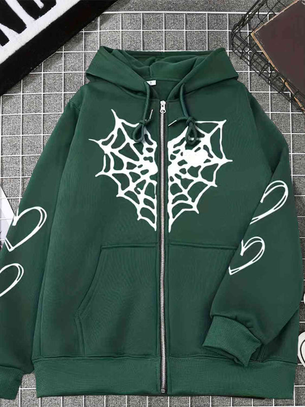 Spiderweb Graphic Drawstring Zip Up Hooded Jacket | 1mrk.com