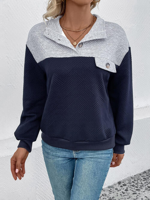 Textured Contrast Half Button Sweatshirt |1mrk.com