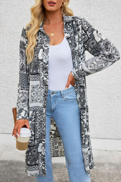 Printed Button Up Long Sleeve Shirt Dress |1mrk.com