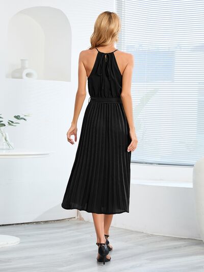 Pleated Spaghetti Strap Tie Waist Midi Dress |1mrk.com