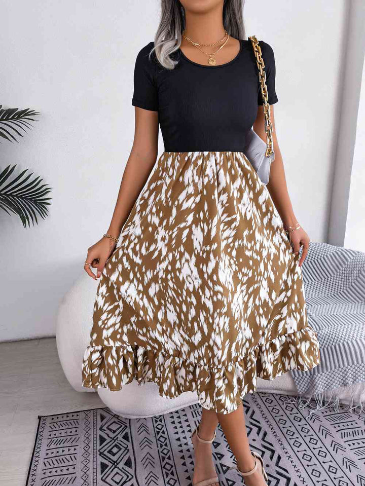 Printed Round Neck Ruffle Hem Dress |1mrk.com