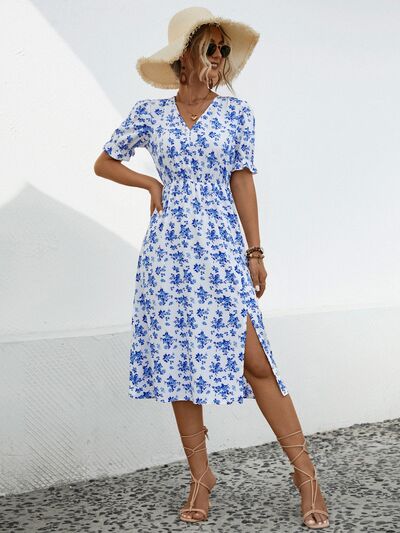 Slit Printed V-Neck Short Sleeve Dress |1mrk.com