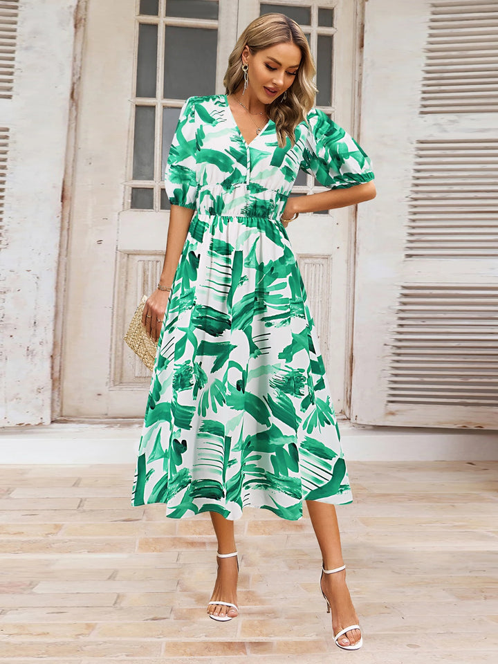 Ruched Printed Surplice Short Sleeve Dress | Trendsi