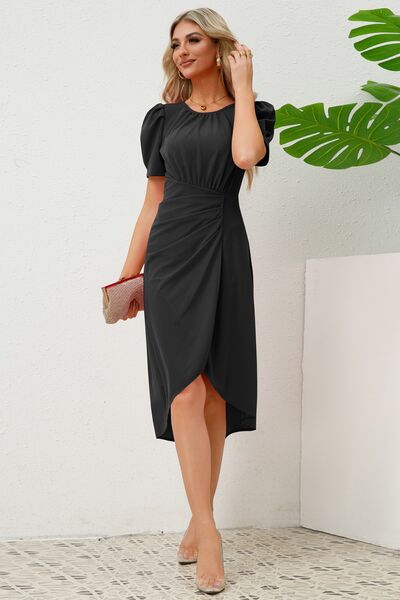 Slit Ruched Round Neck Puff Sleeve Dress |1mrk.com