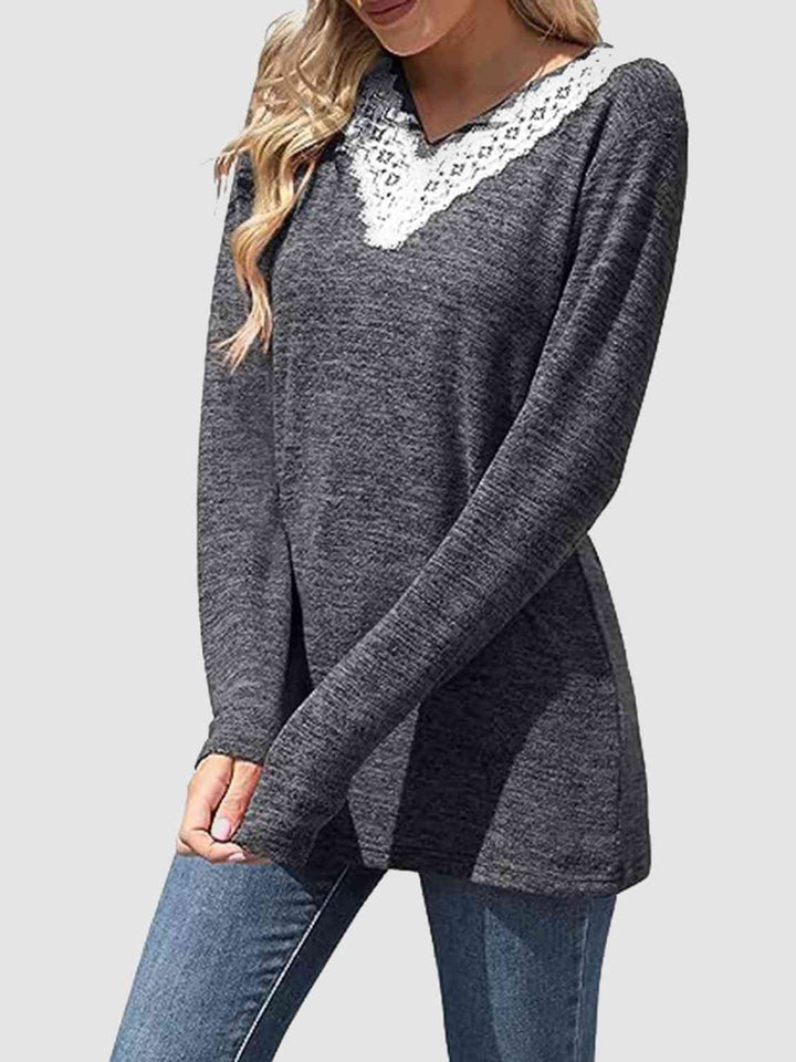 Lace Detail V-Neck Long Sleeve Top | 1mrk.com