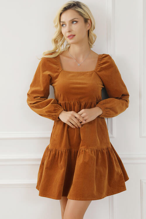 Square Neck Long Sleeve Tiered Dress | 1mrk.com