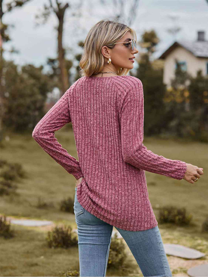 Full Size Ribbed Square Neck Long Sleeve T-Shirt | 1mrk.com