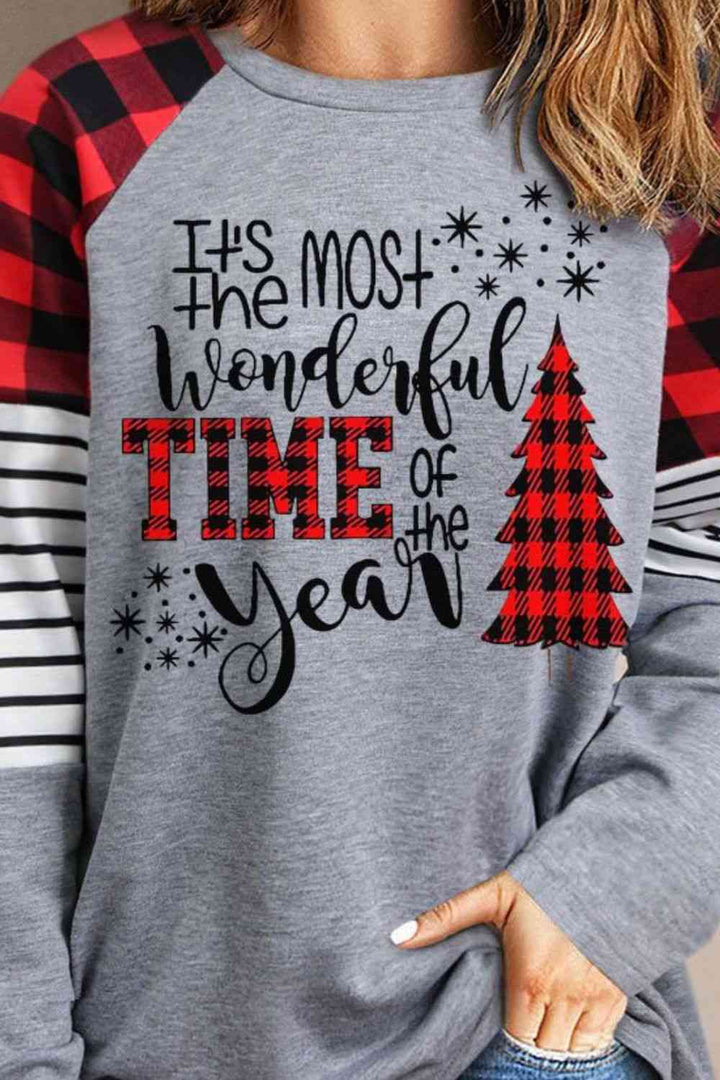 Christmas Mixed Print Letter Graphic Raglan Sleeve Top | 1mrk.com