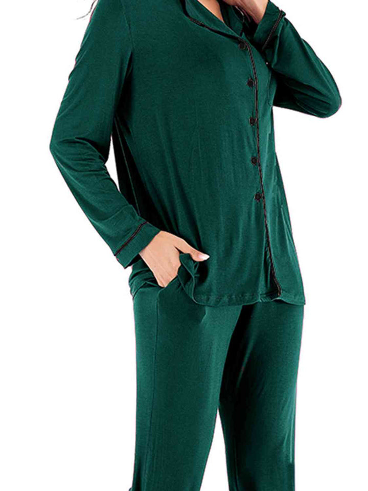 Collared Neck Long Sleeve Loungewear Set with Pockets | 1mrk.com