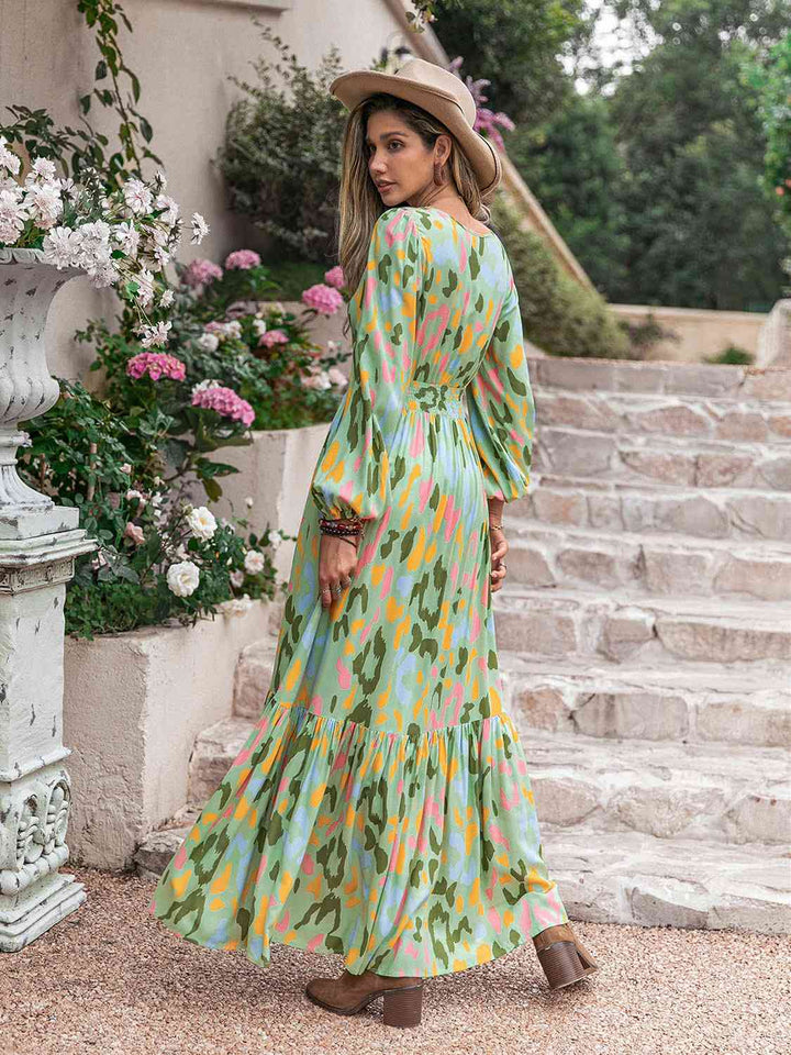 Printed Tie Neck Long Sleeve Maxi Dress |1mrk.com