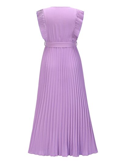 Tied Surplice Cap Sleeve Pleated Dress |1mrk.com