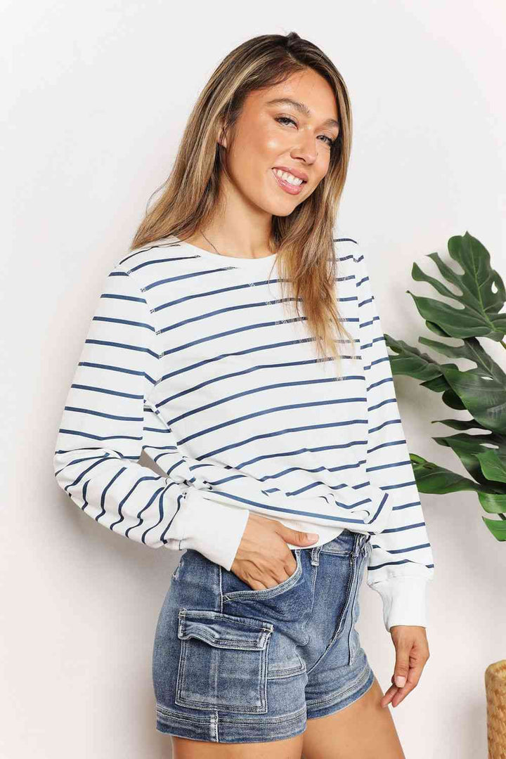 Double Take Striped Long Sleeve Round Neck Top | 1mrk.com