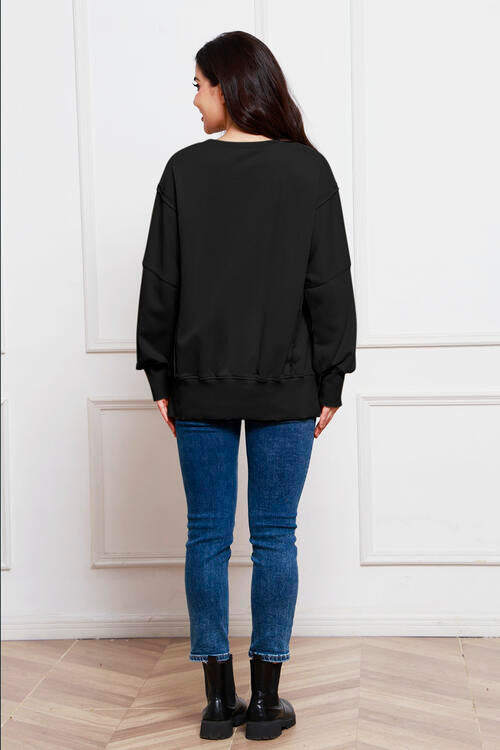 Exposed Seam Long Sleeve Slit Sweatshirt |1mrk.com