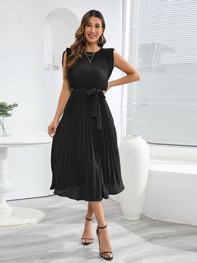 Tied Round Neck Pleated Midi Dress |1mrk.com