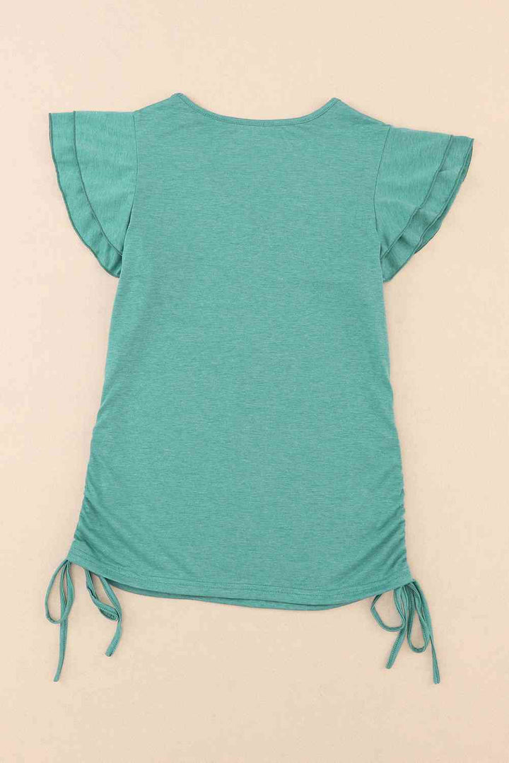 V-Neck Drawstring Layered Flutter Sleeve Tee | 1mrk.com