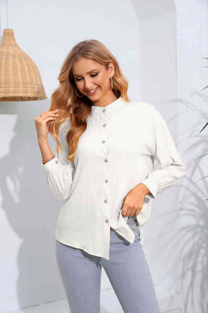 Mock Neck Buttoned Long Sleeve Shirt |1mrk.com