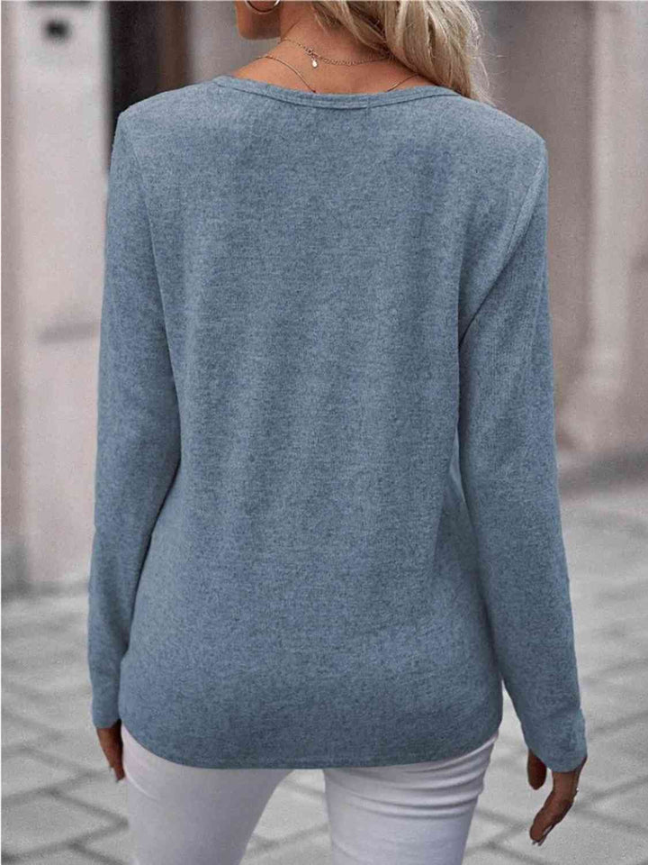 Round Neck Buttoned Long Sleeve T-Shirt | 1mrk.com