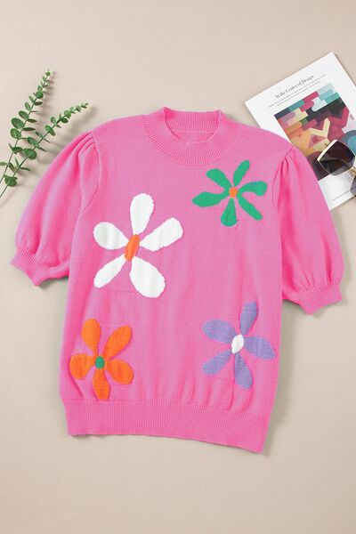 Flower Mock Neck Short Sleeve Sweater |1mrk.com