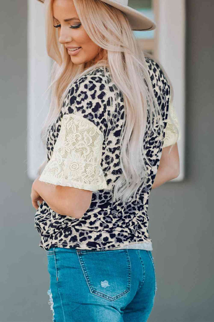 Leopard Print Lace Sleeve Round Neck Tee | 1mrk.com