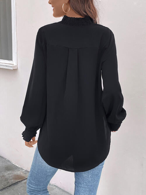 Smocked Notched Long Sleeve Blouse |1mrk.com