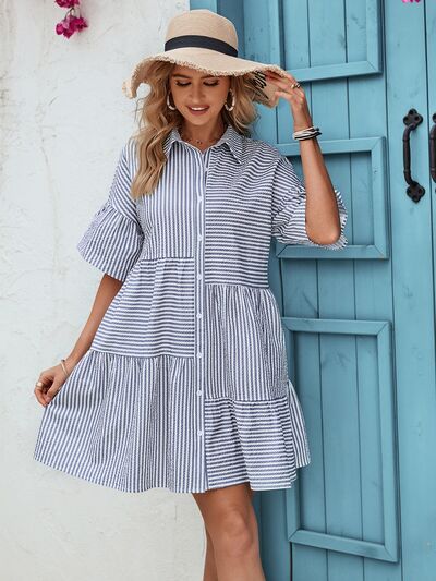 Striped Button Up Half Sleeve Dress | Trendsi