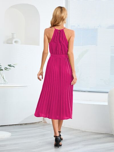 Pleated Spaghetti Strap Tie Waist Midi Dress |1mrk.com