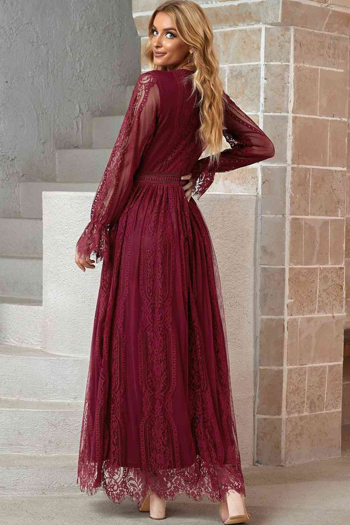 Scalloped Hem Flounce Sleeve Lace V-Neck Maxi Dress |1mrk.com