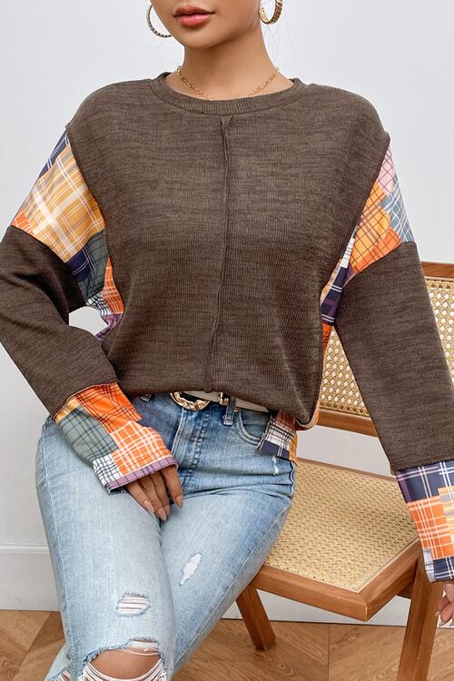 Plaid Exposed Seam Round Neck Sweatshirt |1mrk.com