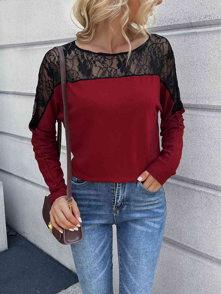 Lace Long Sleeve Round Neck Tee | 1mrk.com